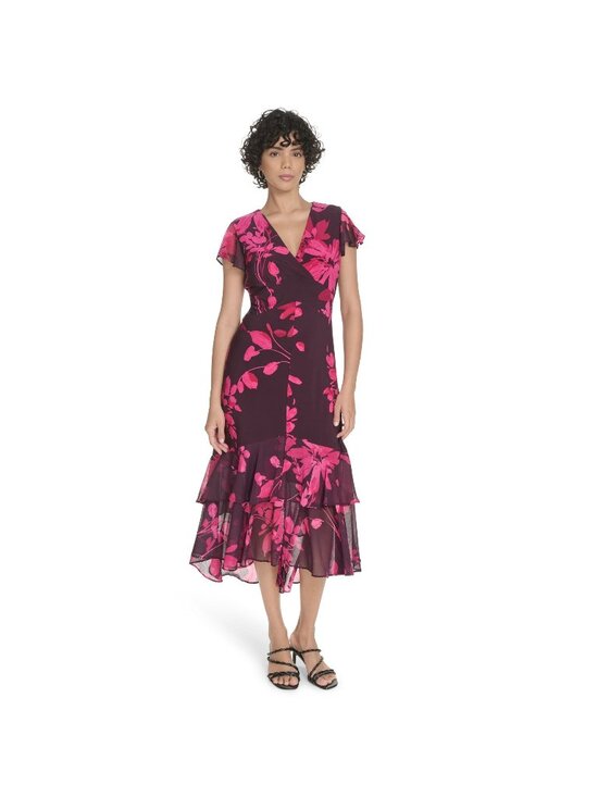 Tommy Hilfiger Dresses & Skirts - Tommy Hilfiger Flutter Sleeve V-Neck Ruffle Trim Midi Dress, Wineberry  6